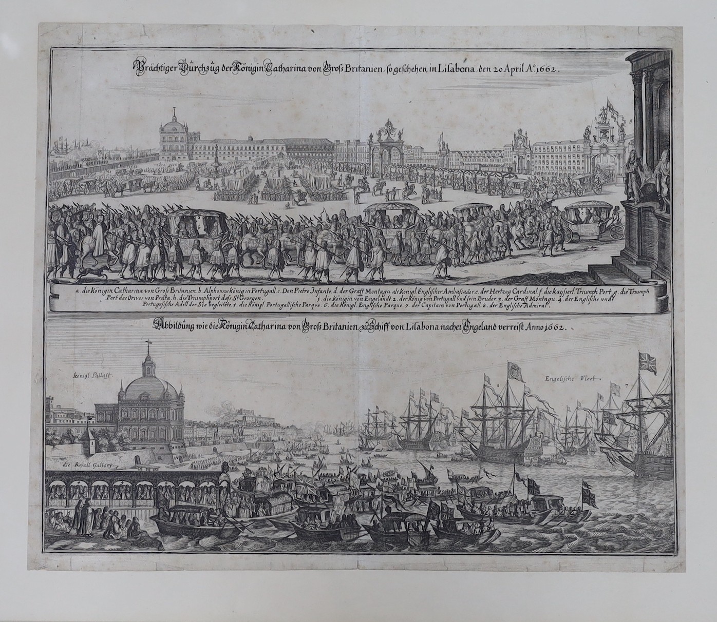 German School, 19th century, two steel engravings, relating the passage of Queen Catherina of Great Britain, 34 x 40cm